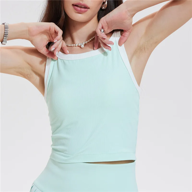 Pilates Yoga Sport - เสื้อกีฬาผู้หญิงแบบมีแผ่นรองหน้าอก ดีไซน์สีสันตัดกัน เหมาะสำหรับโยคะ ฟิตเนส พิลาทิส ออกกำลังกาย