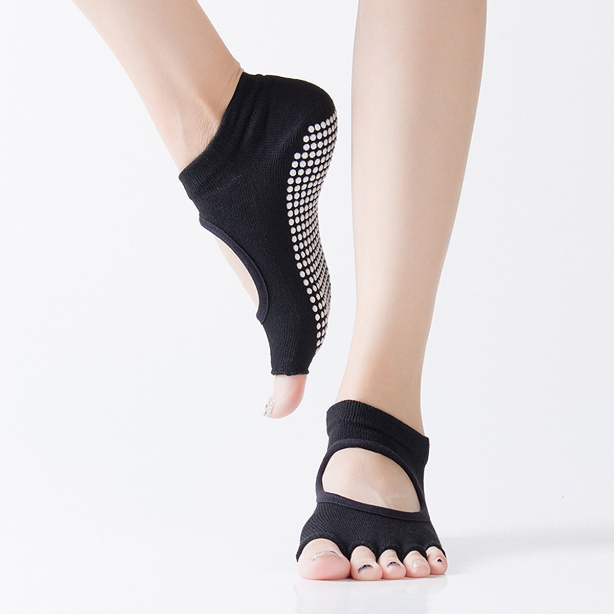 Pilates Yoga Exercises - 1 คู่ถุงเท้าโยคะห้านิ้วแบบโปร่งระบายอากาศได้ดีไม่ลื่นสีดำขนาดเฉลี่ยสำหรับผู้หญิงออกกำลังกายถุงเท้าโยคะ